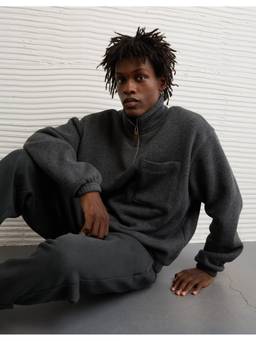 American Eagle - Grey Ae Cozy Fleece Quarter-Zip Sweatshirt