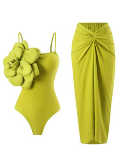 MISS MOSA BY AKANKSHA - Women Green Kelly Rosette Swimsuit with Skirt