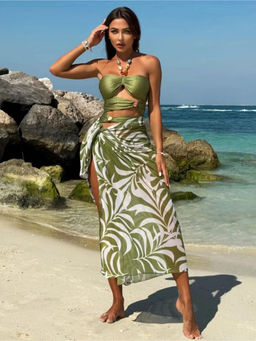 MISS MOSA BY AKANKSHA - Women Green Printed Renif Swimsuit with Sarong Skirt