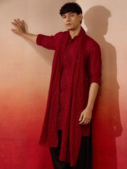 Vastramay - Maroon Self-Texture Georgette Kurta With Dupatta