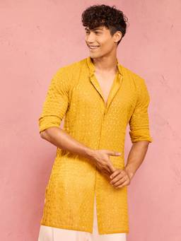 Vastramay - Mustard Georgette Sequin & Thread Embroidered Mid-Length Kurta