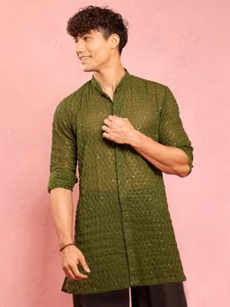 Vastramay - Mehendi Green Georgette Sequin & Thread Embroidered Mid-Length Kurta