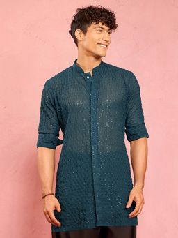 Vastramay - Navy Blue Georgette Sequin & Thread Embroidered Mid-Length Kurta