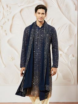Vastramay - Navy Blue Ombre Sequin Georgette Kurta With Dupatta