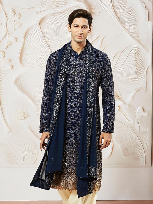 Vastramay Navy Blue Ombre Sequin Georgette Kurta With Dupatta