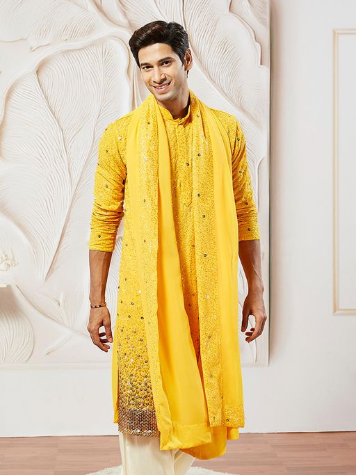 Vastramay Yellow Ombre Sequin Georgette Kurta With Dupatta