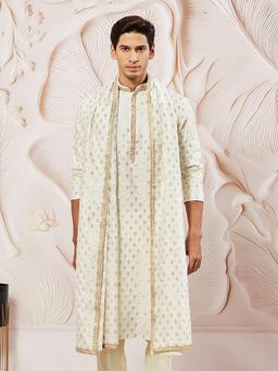 Vastramay - Cream Jacquard Silk Blend Kurta With Dupatta