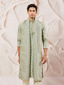 Vastramay - Green Jacquard Silk Blend Kurta With Dupatta