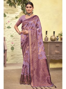 Sangam Prints - Purple Cotton Woven Zari Work Traditional Tassel Saree with Unstitched Blouse