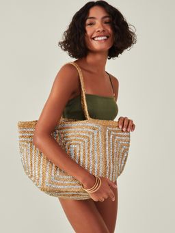 Accessorize London - Women's Cream Metallic Jute Beach Bag