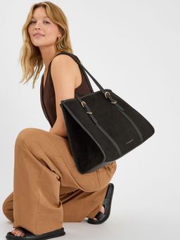 Accessorize London - Women's Black Buckle Strap Suedette Shoulder Bag