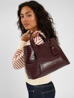 Accessorize London - Women's Burgundy Croc Skin Handbag with Detachable Strap