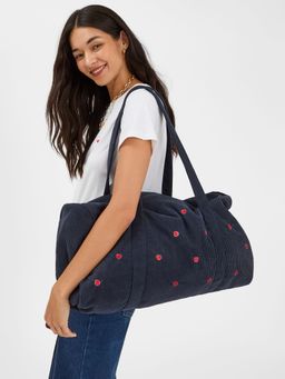 Accessorize London - Women's Navy Blue Corduroy Heart Embroidered Duffle Bag