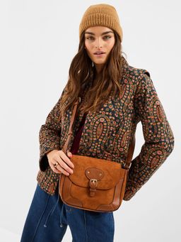 Accessorize London - Women's Tan Faux Suede Saddle Sling Bag
