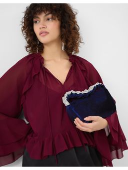 Accessorize London - Women's Navy Blue Diamante Ruched Strap Velvet Handbag