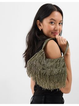 Accessorize London - Women's Gold Olive Beaded Fringe Handheld Bag