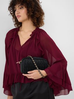 Accessorize London - Women's Black Chain Strap Quilted Camera Sling Bag