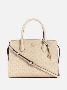 Guess - Beige Printed Berlyn Satchel Bag with Detachable Strap