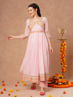 FASHOR - Pink Ethnic Embroidered A-Line Pleated Flared Anarkali Kurta With Belt (Set Of 2)