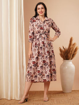 FASHOR - Floral Printed A-Line Pleated Brown Midi Dress With Belt (Set Of 2)
