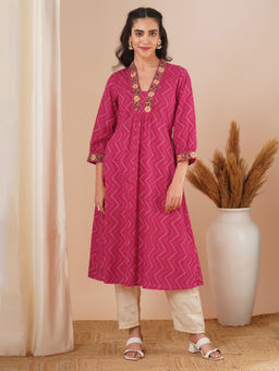 FASHOR - Pink Ethnic Chevron Floral And Embroidered A-Line Kurta