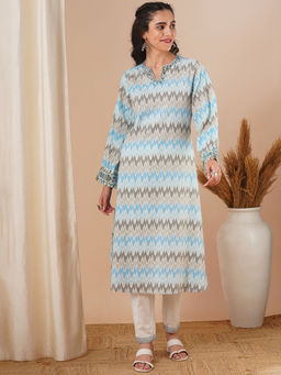 FASHOR - Blue Ethnic Ikat Printed And Embroidered A-Line Kurta