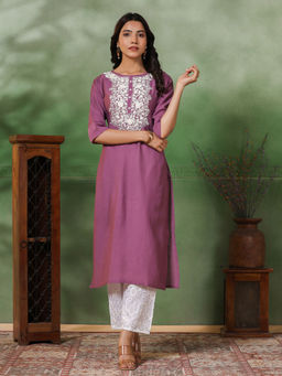 FASHOR - Mauve Sequins Floral Embroidered Kurta