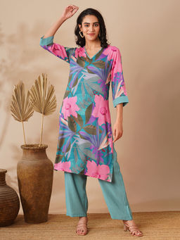 FASHOR - Blue Floral Printed Straight Fit Kurta With Pant (Set Of 2)