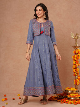 FASHOR - Blue Ethnic Embroidered Anarkali Kurta With Embroidered Short Jacket & Pant (Set Of 3)