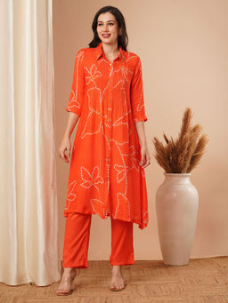 FASHOR - Orange Ethnic Bandhani Printed A-Line Pleated Kurta With Pant (Set Of 2)