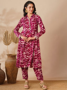 FASHOR - Maroon Ethnic Chevron Foil Printed A-Line Paneled Kurta With Pant (Set Of 2)