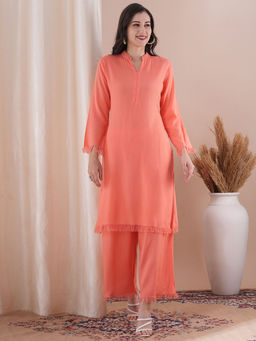 FASHOR - Peach Solid Straight Fit Fringed Kurta & Palazzo (Set Of 2)