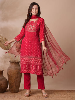 FASHOR - Red Ethnic Printed Embroidered Straight Fit Kurta With Pant & Dupatta (Set Of 3)