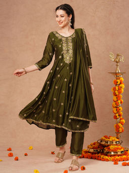 FASHOR - Green Ethnic Embroidered Anarkali Flared Kurta With Pant & Dupatta (Set Of 3)