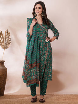 FASHOR - Green Ethnic Floral Printed Straight Kurta With Pant & Dupatta (Set Of 3)