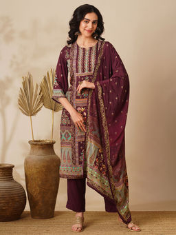 FASHOR - Burgundy Floral Printed And Embroidered Straight Kurta With Pant & Dupatta (Set Of 3)