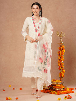 FASHOR - Off White Chikankari Embroidered Straight Kurta With Pant & Dupatta (Set Of 3)