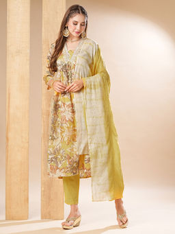 FASHOR - Yellow Floral Printed Mirror Embroidered Pleated Kurta With Pants & Dupatta (Set Of 3)