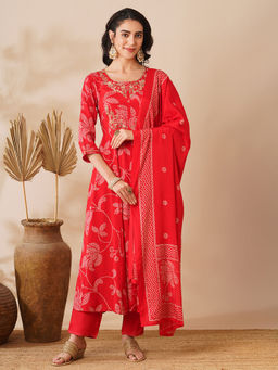 FASHOR - Red Bandhani Printed And Hand Embroidered Kurta With Pant & Dupatta (Set Of 3)