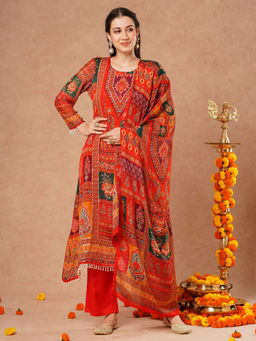FASHOR - Rust Ethnic Floral Printed A-Line Kurta With Palazzo & Dupatta (Set Of 3)
