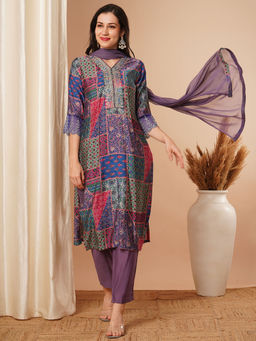 FASHOR - Purple Ethnic Printed And Embroidered Straight Fit Kurta With Pant & Dupatta (Set Of 3)