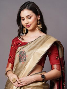 Akhilam - Cream Festive Cotton Silk Woven Design Saree with Unstitched