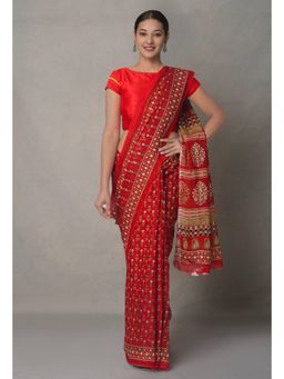 Unnati Silks - Red Pure Block Printed Cotton Saree with Unstitched Blouse