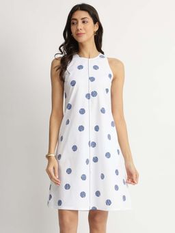 Pink Fort - White and Blue Cotton Print Play A-Line Dress