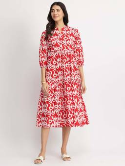 Pink Fort - Red Cotton Floral Fit and Flare Dress