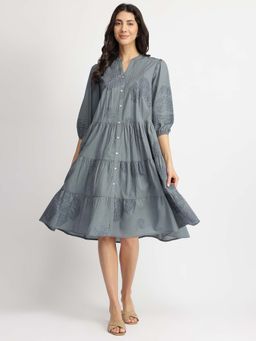 Pink Fort - Grey Cotton Bandhani Printed Tiered Dress