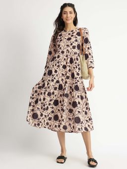 Pink Fort - Beige Cotton Floral Tiered Dress