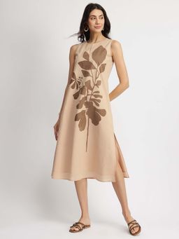 Pink Fort - Beige Cotton Placement Print A-Line Dress