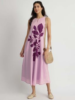 Pink Fort - Purple Cotton Floral Placement Print Dress