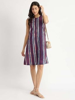 Pink Fort - Multi-Color Cotton Dabu Chevron Print Dress